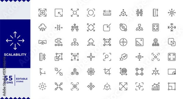 Fototapeta Scalability line icon set. Scale, scalable resize, scaling, stretch, expand, expansion, elasticity, scalling, adaptability, efficiency and more. Outline vector icon. Pictogram collection