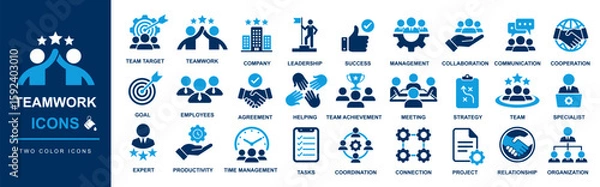 Fototapeta Teamwork icon set including teamwork, partnership, cooperation, collaboration, employee, team, success, meeting, leadership, company, expert, strategy, achievement, agreement, specialist, productivity