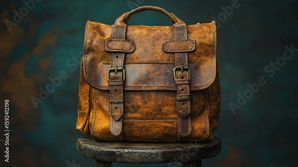 Obraz Aged leather backpack on stool (1)