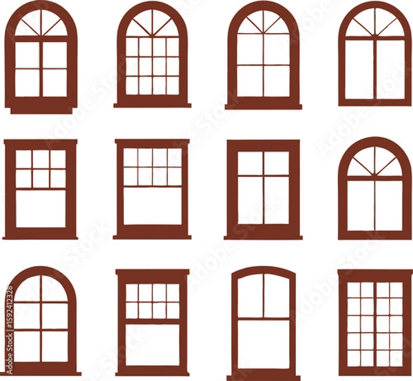 Fototapeta Brown window designs with various shapes and grid patterns isolated on white background