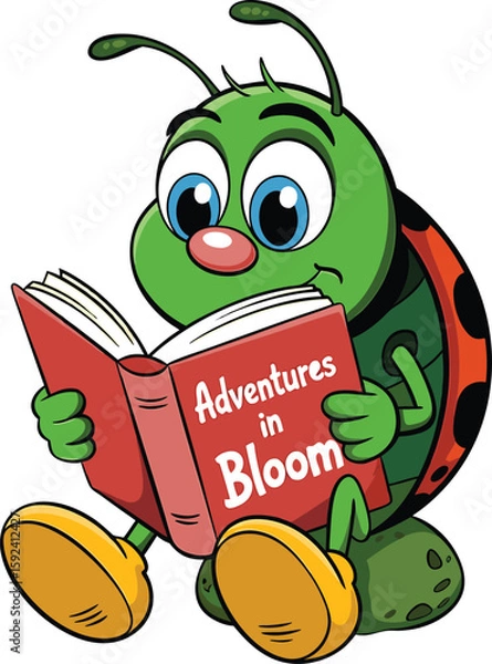 Fototapeta Cartoon ladybug reading a book entitled adventures in bloom  for educational illustrations