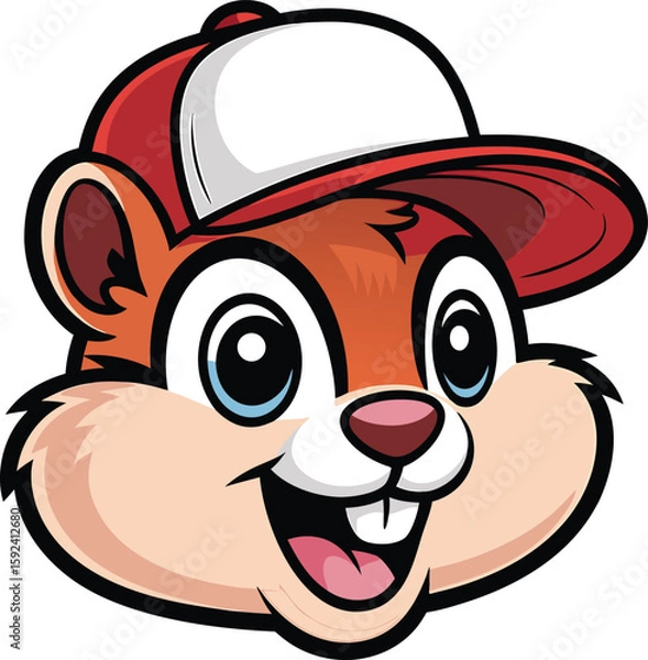 Fototapeta Cheerful cartoon squirrel wearing a baseball cap with a big grin and smiling face