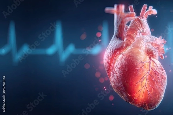 Fototapeta 3D model of a human heart against a medical background.  A vibrant, realistic representation of the organ,  with glowing highlights