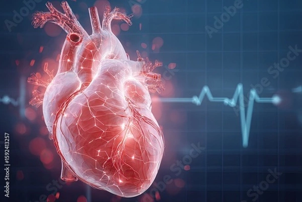 Fototapeta 3D anatomical heart with EKG overlay