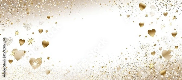 Fototapeta Abstract celebratory background with gold hearts and confetti