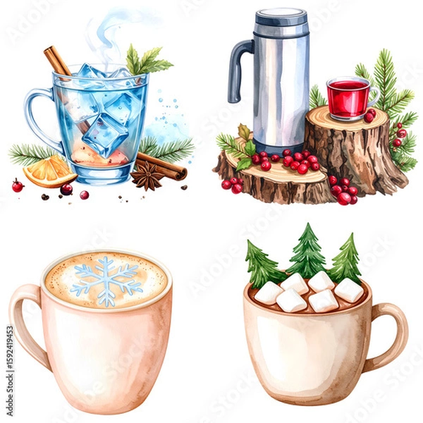 Obraz Winter drinks watercolor set with transparent background