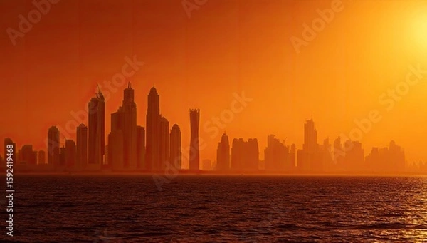 Fototapeta City skyline at sunset, hazy orange