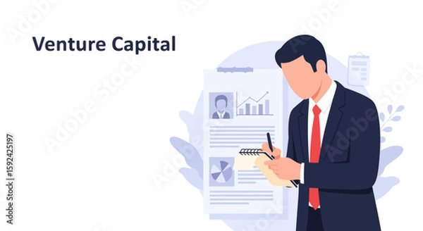 Fototapeta Engaged Venture Capital Character Taking Notes During Pitch an a Clean Modern Vector Illustration for Training Materials.