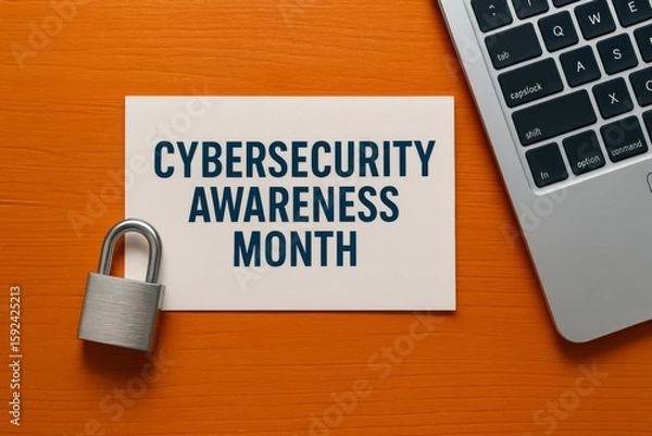 Fototapeta Flat lay composition of cybersecurity awareness month message, metallic padlock and laptop on orange background highlighting data protection and online safety themes 