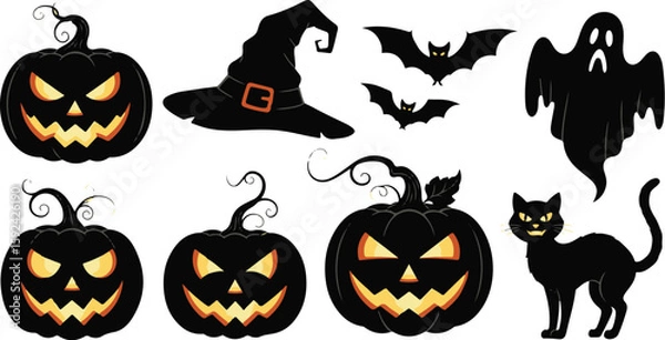 Fototapeta Vector art of a collection of halloween icons including pumpkins, a witch hat, ghost, bat, cat