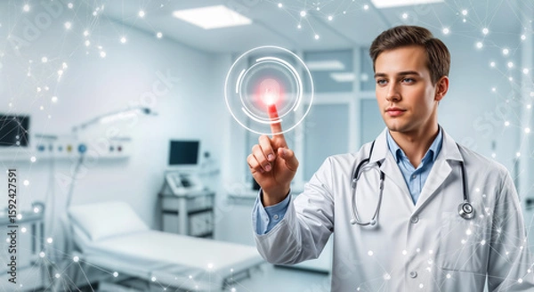 Fototapeta A doctor in a modern clinic touches a glowing digital interface with a fingerprint icon, representing advanced medical technology and patient identification