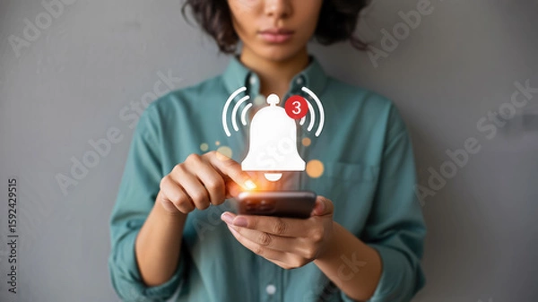 Fototapeta A person uses a smartphone, with a notification alert icon appearing above the screen, symbolizing digital communication and updates
