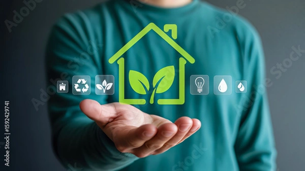 Fototapeta A person holds out their hand displaying a green house icon with leaves, representing ecofriendly living and sustainability