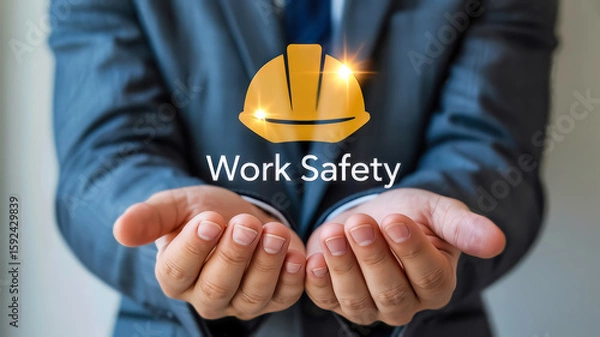 Fototapeta A man in a suit offers a glowing yellow hard hat in his hands, symbolizing work safety and protection in the industry