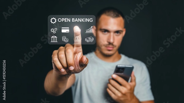 Fototapeta A man holding a smartphone points to a digital interface displaying open banking with financial icons, signifying the future of digital finance