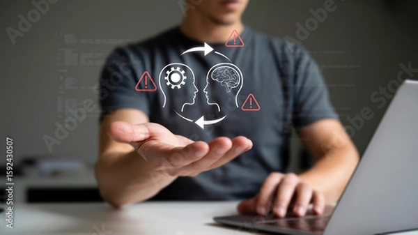 Fototapeta A person presents a concept of artificial intelligence and human thinking, with icons symbolizing data processing, learning, and potential risks