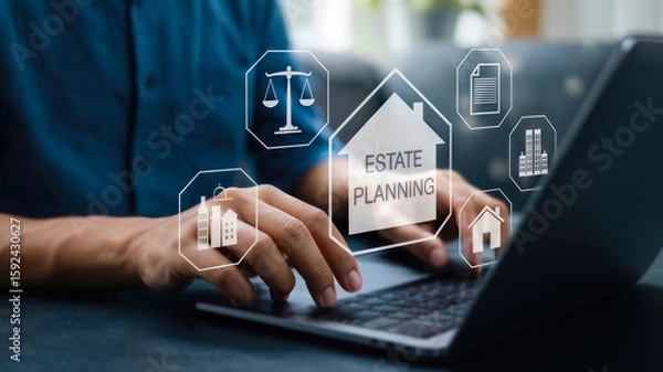 Fototapeta A person uses a laptop for estate planning, with icons representing legal services, property, and financial management for future security