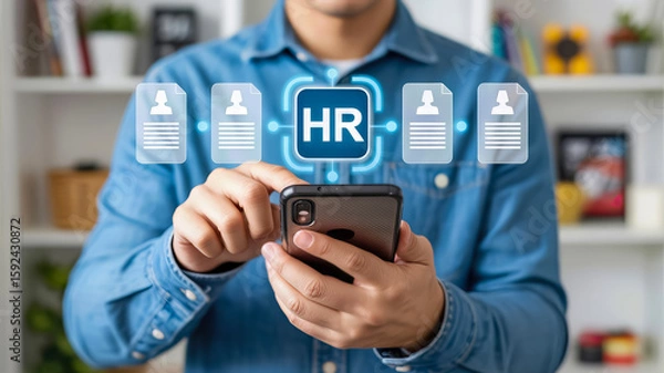 Fototapeta A person uses a smartphone to manage human resources, with icons representing employee profiles and documents, set against a backdrop of bookshelves
