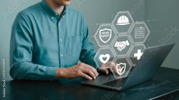 Fototapeta A person interacts with a digital interface displaying icons related to work safety, health, and business protection