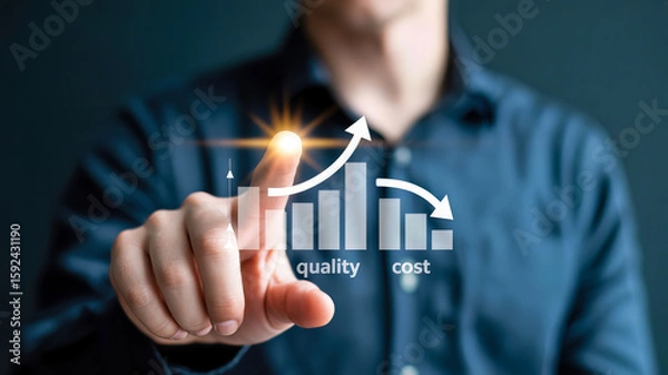 Fototapeta A persons finger points to a digital graph showing increasing quality and decreasing cost, illustrating business optimization