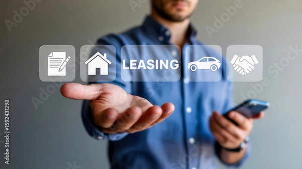 Fototapeta A man presents digital icons representing leasing, including a contract, house, car, and handshake, symbolizing various aspects of the leasing process