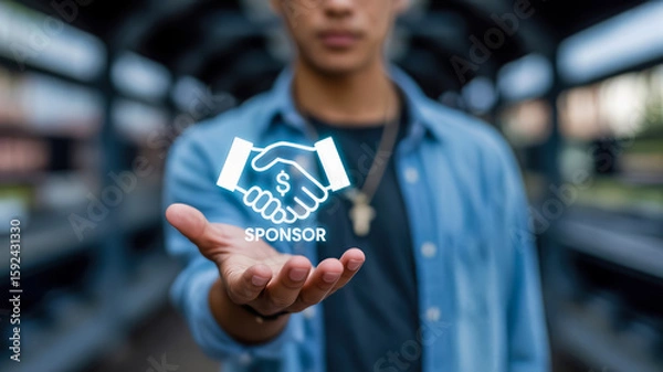 Fototapeta A man extends his open hand, showcasing a digital icon of a handshake with a dollar sign, symbolizing sponsorship and business partnerships