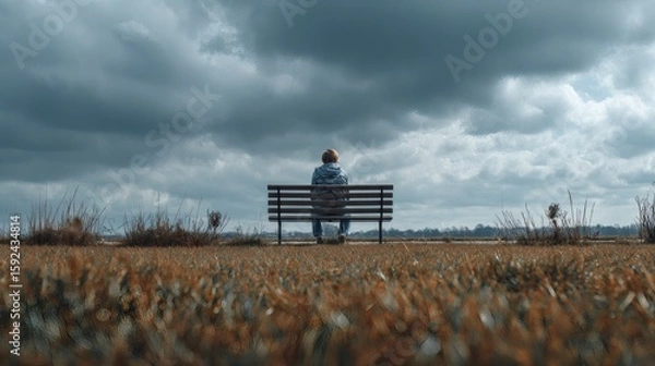 Fototapeta Person seated quietly on bench under vast cloudy sky, expressing introspection and emotional distance Image 4K UHD