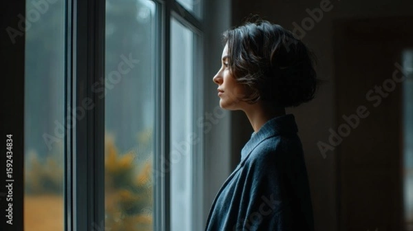 Fototapeta Confident woman standing by window with natural background, expressing mindfulness and emotional balance Image 4K UHD