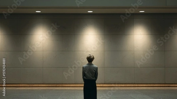 Fototapeta Solitary figure facing textured wall in moody light, representing mental silence and emotional withdrawal Image 4K UHD