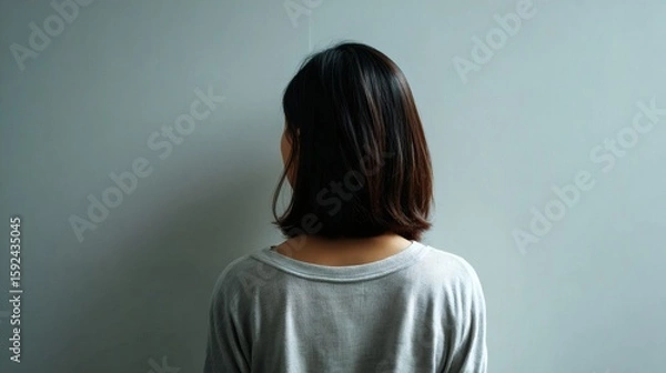 Fototapeta Back view of woman near blank wall in daylight, portraying emotional stillness and gentle mindfulness Image 4K UHD