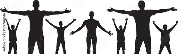 Fototapeta Silhouette of group celebration with arms outstretched — unity, teamwork, success, empowerment, victory, togetherness, motivation, dynamic illustration isolated on white background