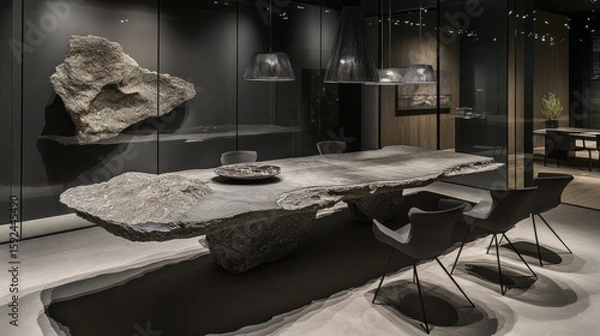 Fototapeta Raw Elegance: A Sculptural Stone Dining Table in a Modern Setting