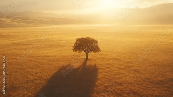 Fototapeta Golden Hour Solitude: Lone Tree in Misty Sunrise Meadow