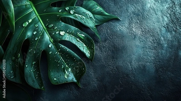 Fototapeta Lush Monstera Leaf with Water Droplets on Textured Dark Background