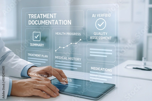 Fototapeta Medical professional analyzing treatment documentation on a digital tablet interface showcasing patient health data and ai verification in a modern healthcare setting.