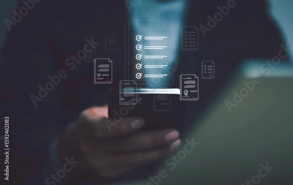 Fototapeta Businessman checklist concept as clipboard document checklist form on the virtual screen Use your hands or a pen to check the correct control gaps and check the quality standards of the work.