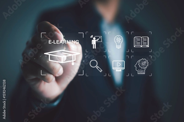 Fototapeta Through e-learning platforms students can develop their skills by attending online seminars, taking courses, and accessing a library of digital content such as videos tutorials and online media texts.