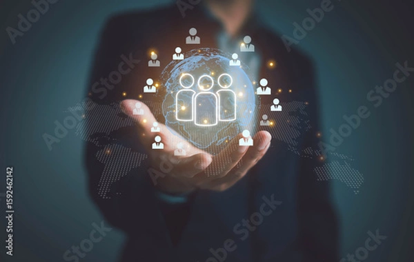 Fototapeta Businessmen use computers to recruit, manage and recruit HR teams to develop the leadership of employees and personnel for the company's competitive strategy to be successful.