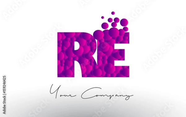 Fototapeta RE R E Dots Letter Logo with Purple Bubbles Texture.