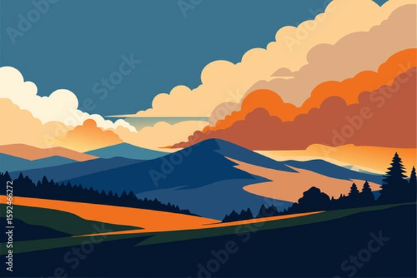 Obraz Vibrant sunset over rolling mountains and dramatic clouds