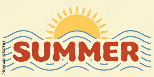 Fototapeta Retro Summer vector graphic. Bold stylized text with sun and ocean waves. Vintage style illustration for seasonal banner, beach holiday, vacation, social media, and print design projects.