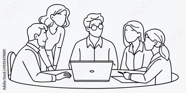 Fototapeta Business team meeting line art vector illustration. Minimalist group of professionals discussing around a table with a laptop. Concept of teamwork, collaboration, and modern office communication.