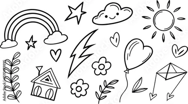 Fototapeta Black and white doodle elements of sun cloud rainbow star heart flower house kite and plant drawing sketch