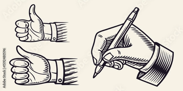 Fototapeta Set of vintage hand vector icons. Engraving style black and white graphic illustrations of thumbs up and writing hand with pen for business, communication, and creative design projects.