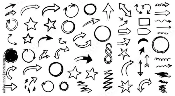 Fototapeta Set of hand drawn arrows, circles, stars, and underline icons isolated on transparent or white background. Vector illustration. Collection of doodle sketch design elements.
