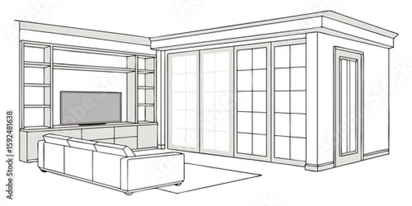 Fototapeta Modern living room interior line art vector illustration. Cozy home design with sofa, TV unit, and built-in shelving. Architectural sketch for apartment decor, renovation, and real estate concepts.