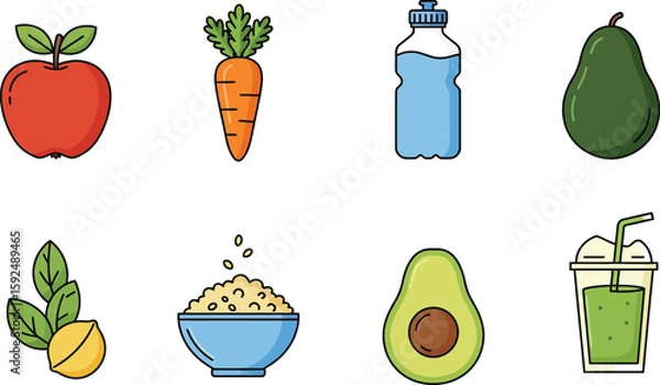 Fototapeta Simple illustration of various healthy food items and a water bottle, arranged in a grid.