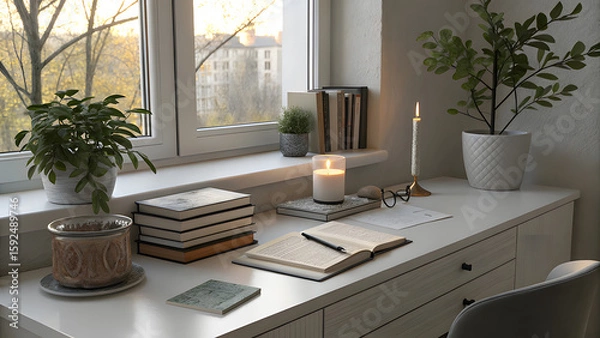 Fototapeta Desk with books plants candle and eyeglasses by window