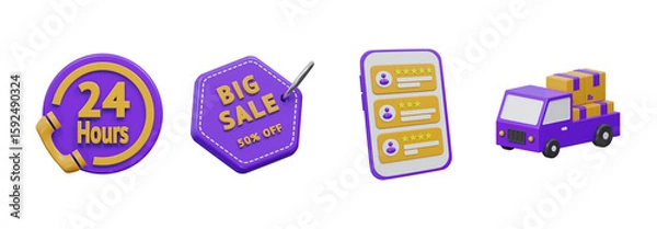 Fototapeta 3D e-commerce service and promotion icon set, Transparent Background
