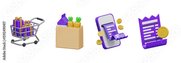 Fototapeta 3D online shopping and payment icon collection, Transparent Background
